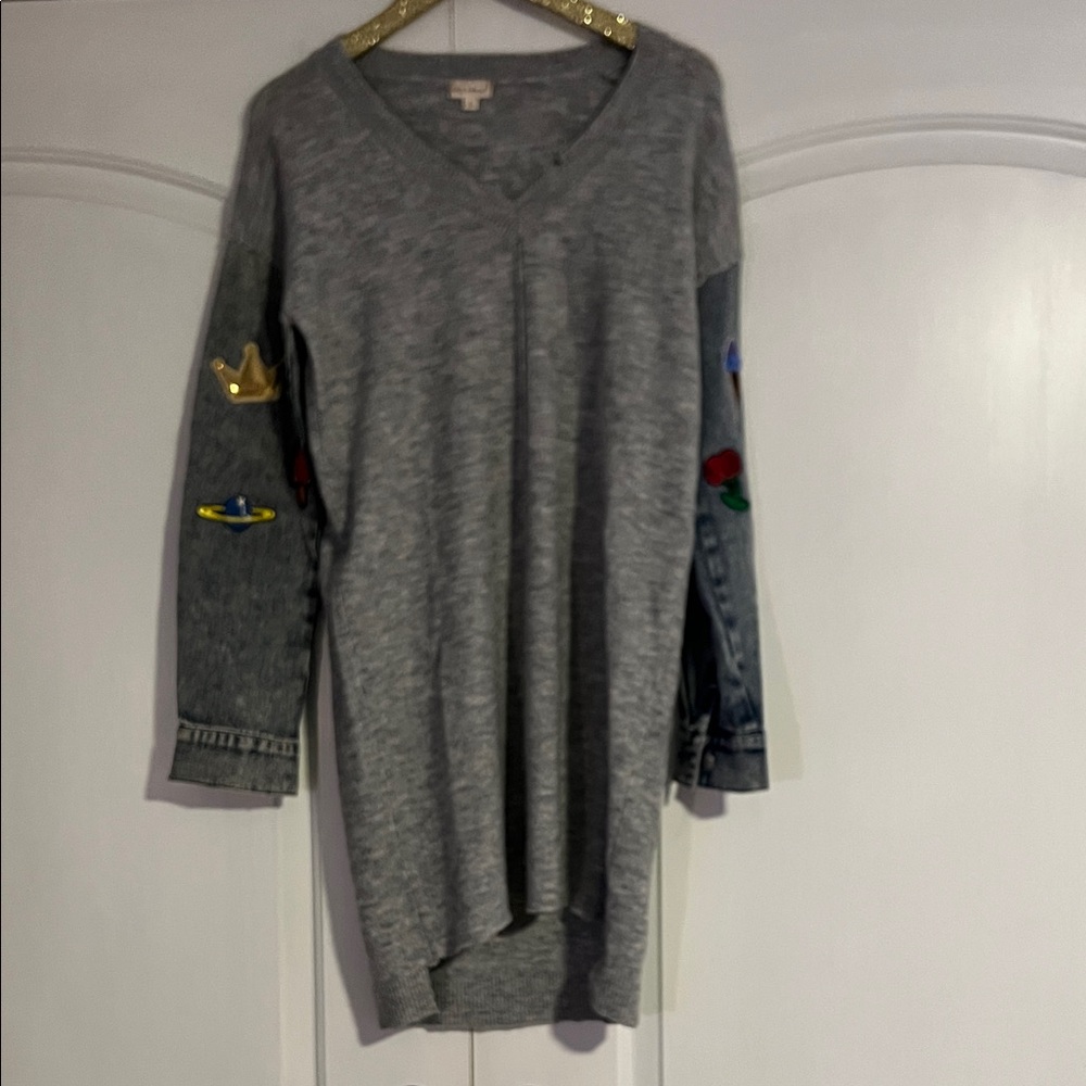 Gray oversized V-Neck Sweater with Embroidered Details